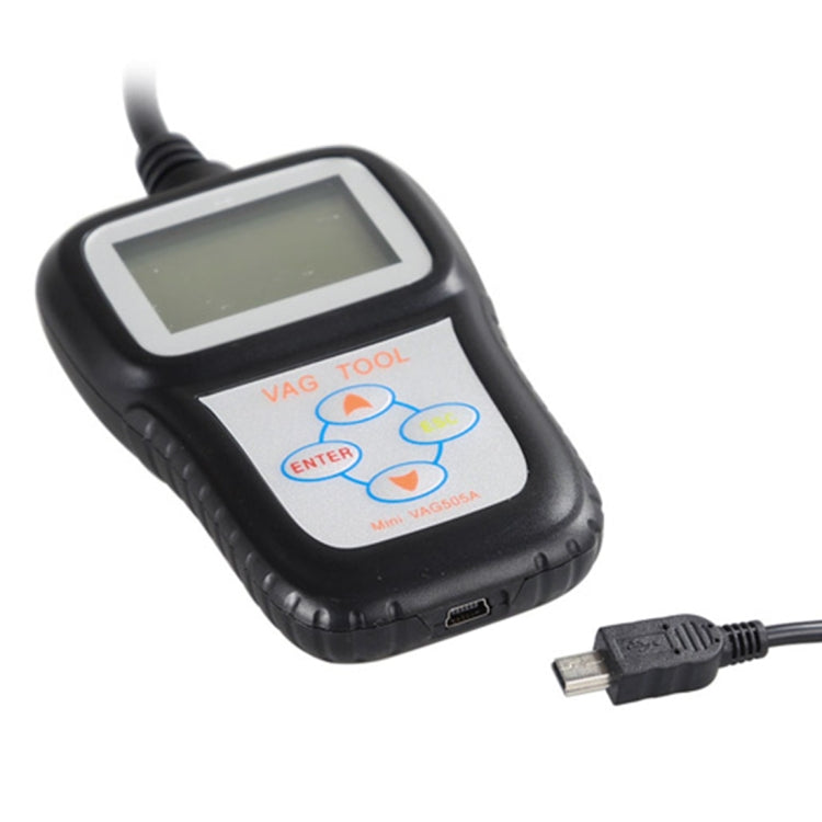 Vag505A mini code reader with LCD screen, buttons, and cable plug