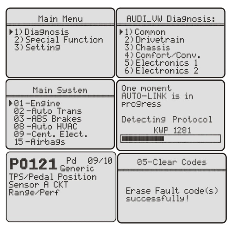 Vag505A code reader LCD menu screen with diagnostic lists and clear codes