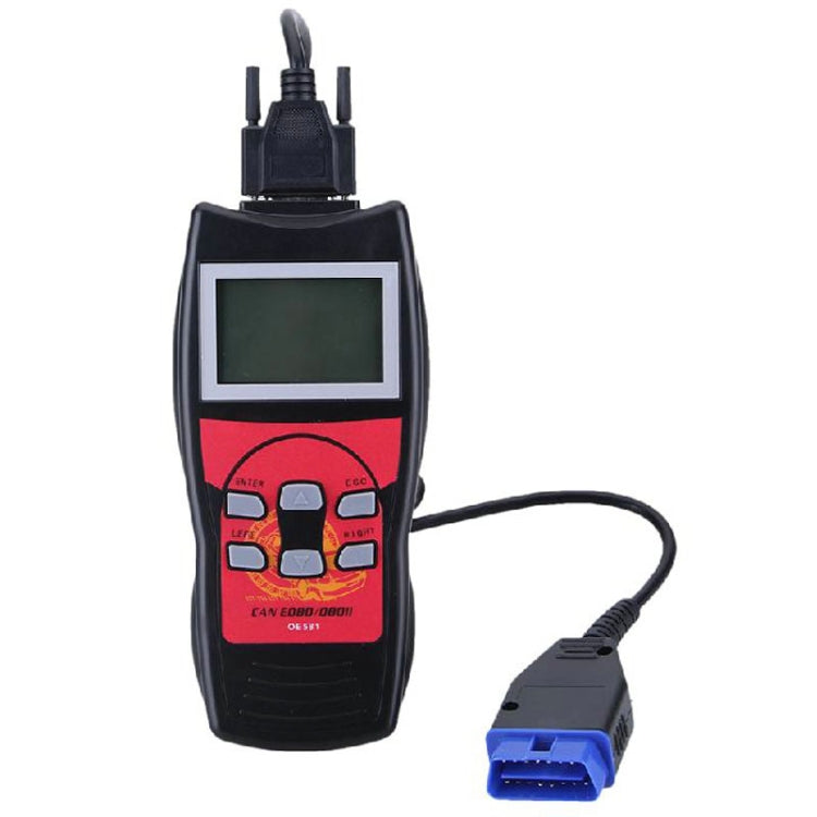 Handheld OBD2 code reader with LCD screen; attached OBDII cable with blue connector