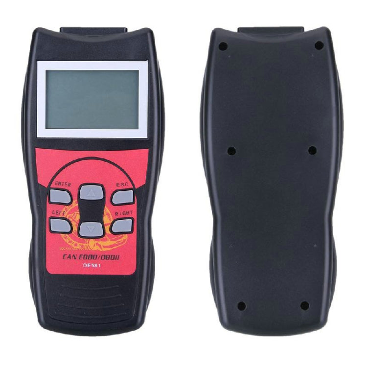 Handheld OBD2 code reader front with LCD and red keypad; back shell with screw holes