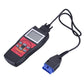 Mini OBD2 code reader with LCD, red controls, and blue OBDII connector cable