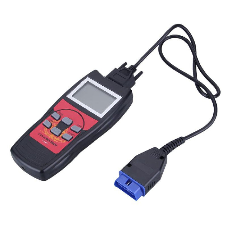 Mini OBD2 code reader with LCD, red controls, and blue OBDII connector cable