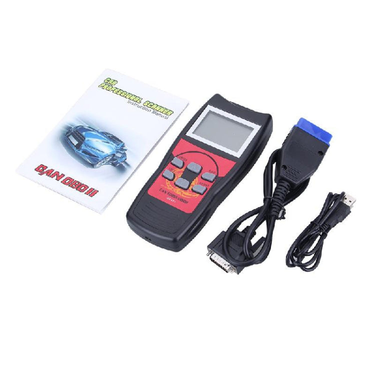 OBD2 code reader kit with LCD device, blue OBDII cable, and power/USB cables