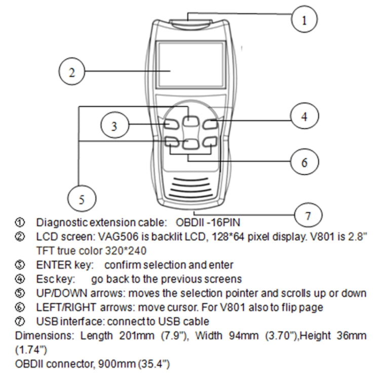 Diagram of handheld OBD2 code reader showing LCD, buttons, and labeled controls