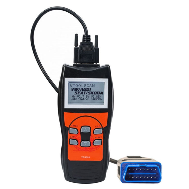 OBD2 code reader with orange keypad and LCD display, plus OBD connector cable