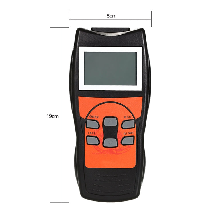 OBD2 code reader scanner with LCD screen, orange panel, and button layout