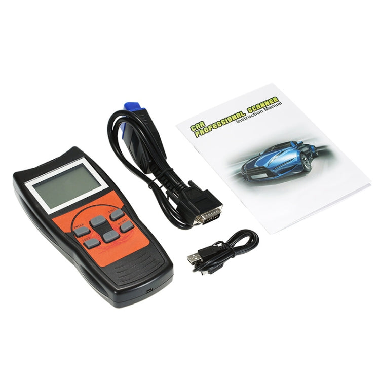 OBD2 diagnostic scanner kit with handheld device, cables, and retail sleeve