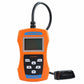 Orange handheld OBD2 code reader with LCD screen and button keypad, OBD connector attached
