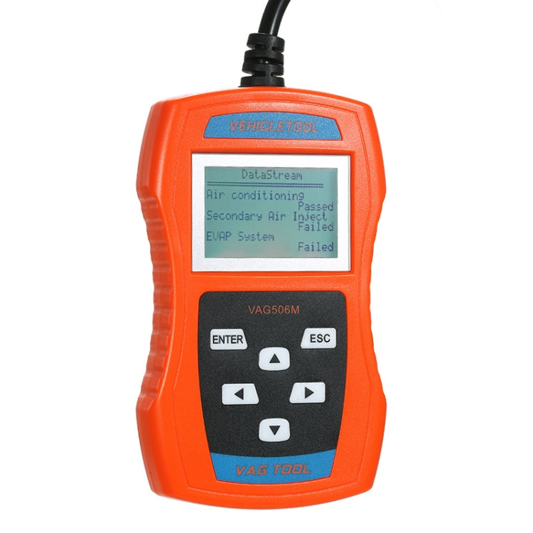 Orange OBD2 code reader displaying diagnostic text on LCD, with keypad and connected cable