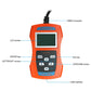 Orange handheld OBD2 code reader with LCD screen and navigation keypad, plus cables