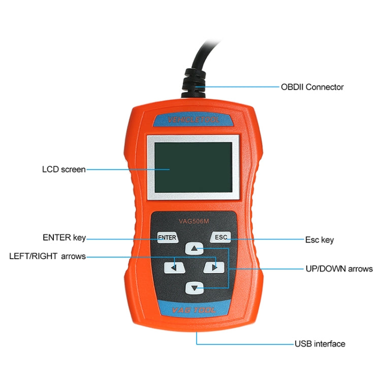 Orange handheld OBD2 code reader with LCD screen and navigation keypad, plus cables