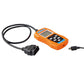 Orange OBD2 code reader with cables, black OBD plug, and USB connector