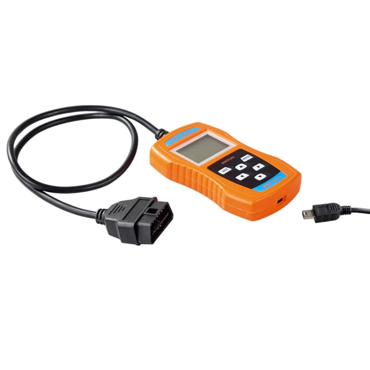 Orange OBD2 code reader with cables, black OBD plug, and USB connector