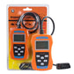 Orange handheld OBD2 code reader kit in blister package with cables and second unit