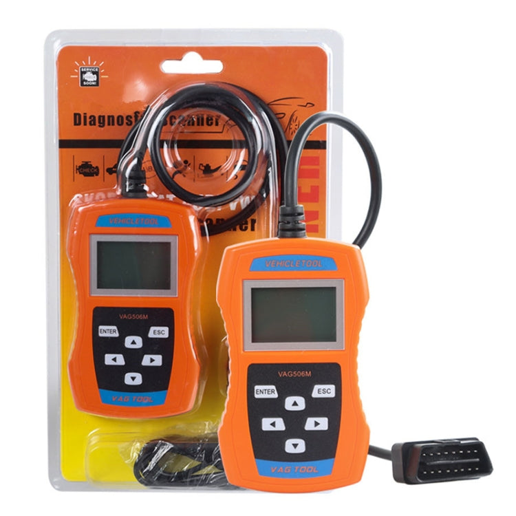 Orange handheld OBD2 code reader kit in blister package with cables and second unit