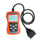 Orange handheld OBD2 code reader with LCD screen and coiled cables, OBD plug included