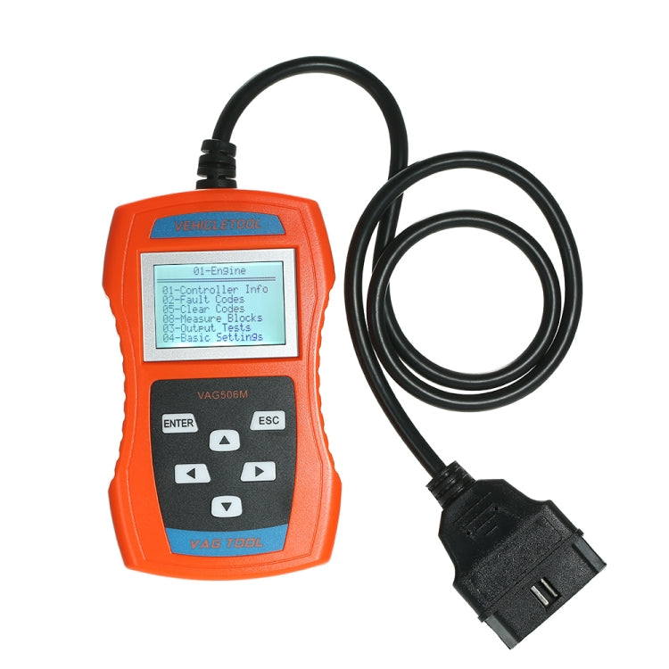 Orange handheld OBD2 code reader with LCD screen and coiled cables, OBD plug included