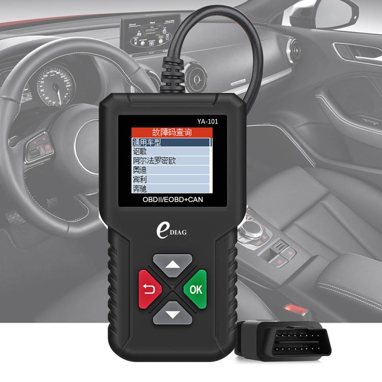 Handheld OBD2 scanner showing fault menu screen near car steering wheel.