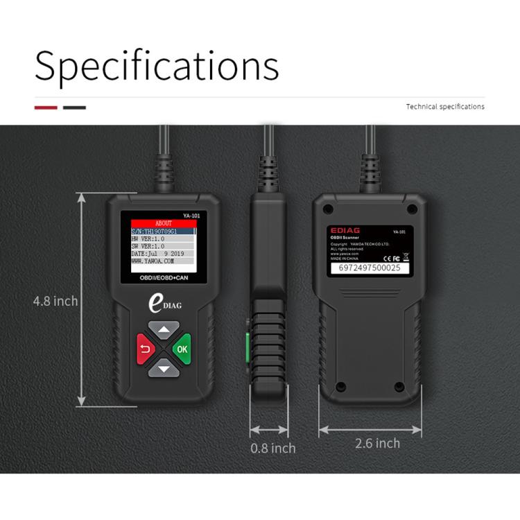 YA101 OBD2 car code reader diagnostic tool, front and back views with buttons and port