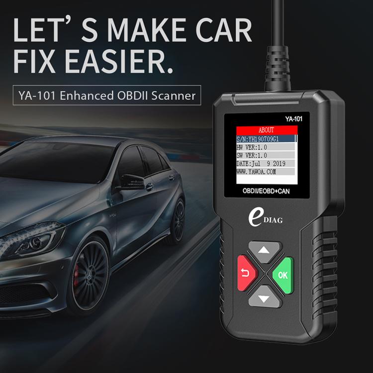 Handheld OBD2 scanner with YA-101 display and control buttons.