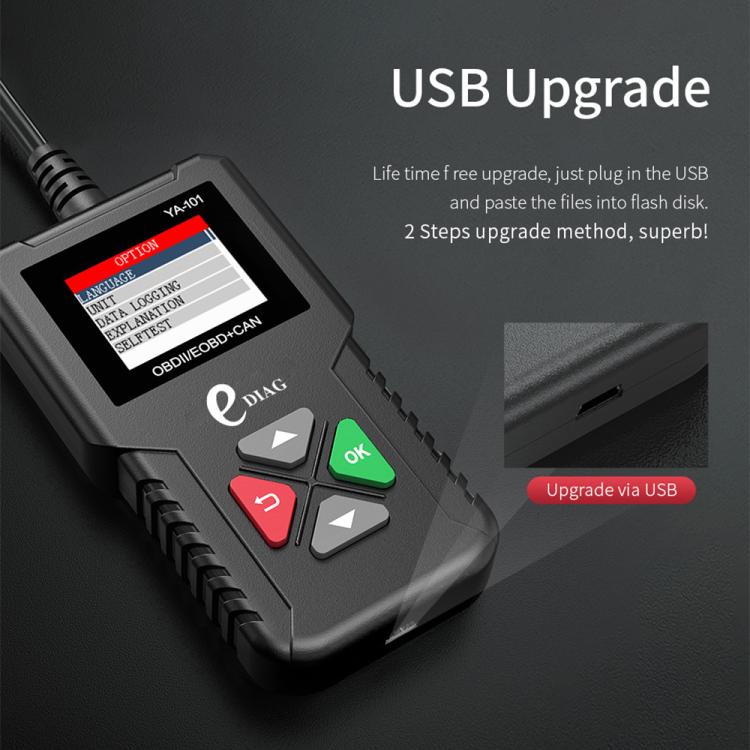 OBD2 code reader with USB upgrade port shown on the device body.