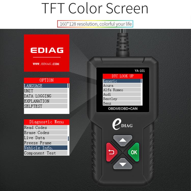 OBD2 diagnostic scanner with TFT color screen and diagnostic menu options.