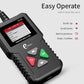 OBD2 scanner close-up with DTC lookup screen and navigation keys.