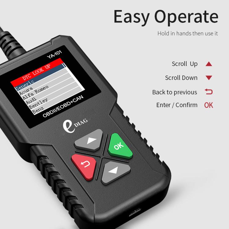 OBD2 scanner close-up with DTC lookup screen and navigation keys.