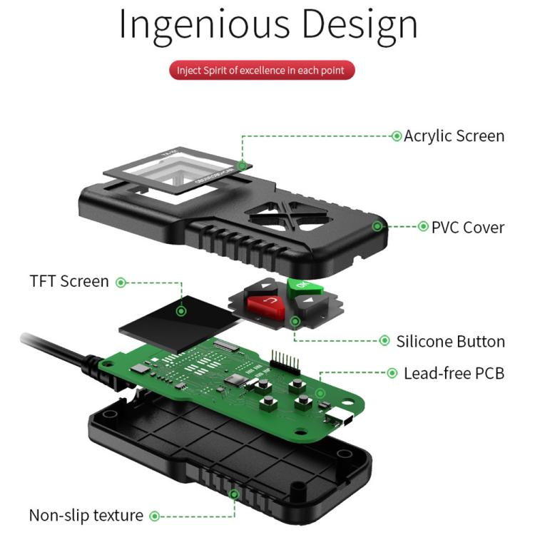 OBD2 scanner internal layout with TFT screen, buttons, and lead-free PCB.