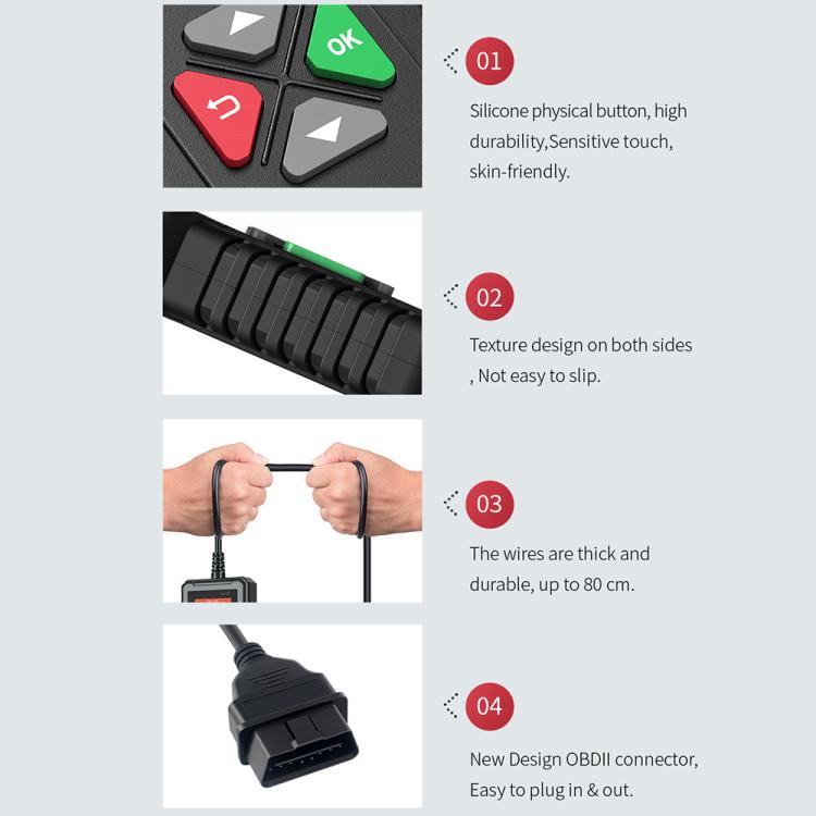 OBD2 scanner connector and silicone buttons close-up with durable textured wire.