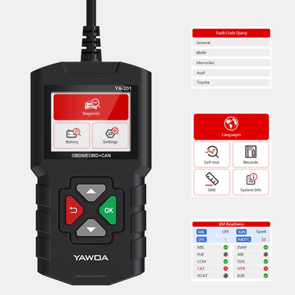YA201 OBD2 mini code reader diagnostic tool with red screen and colored buttons