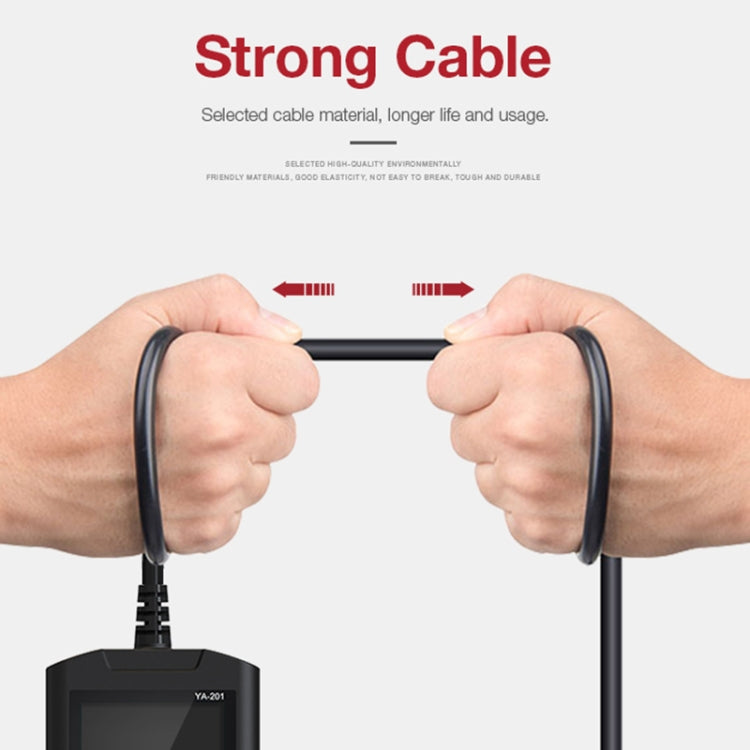 OBD2 code reader cable with plug ends held in hands, black