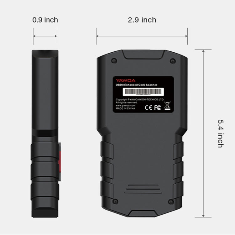 YA201 OBD2 code reader showing device back, side, and size dimensions in inches