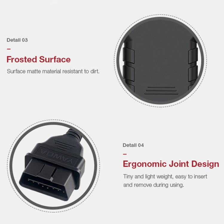 YA201 OBD2 code reader detail showing frosted matte surface and connector end