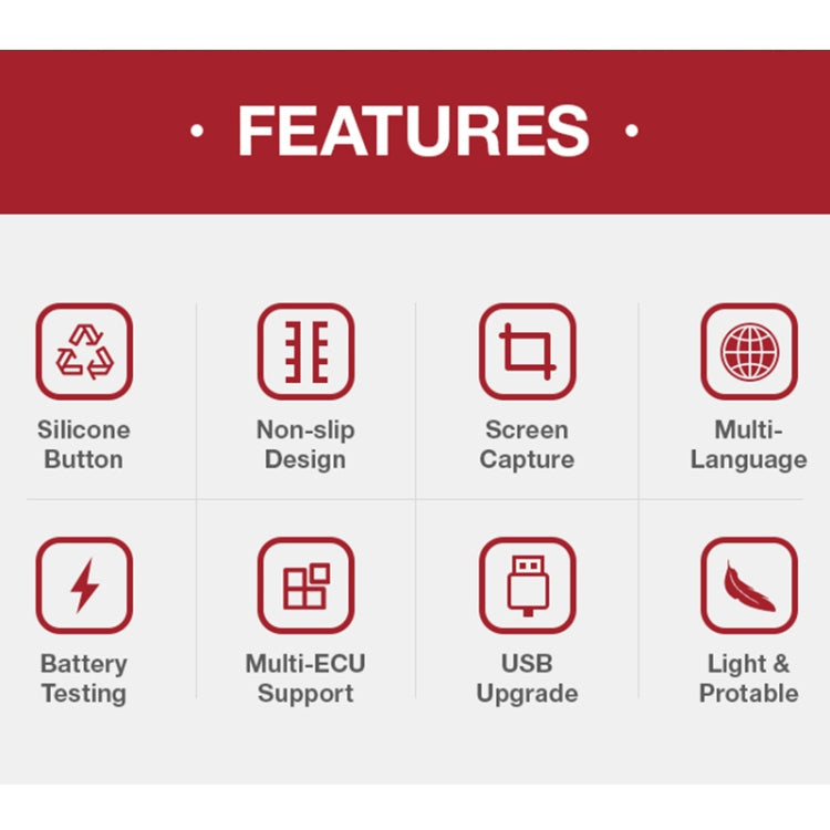 YA201 OBD2 code reader features icons including screen capture and USB upgrade