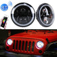 Pair of 7-inch round LED headlights glowing blue with Bluetooth icon