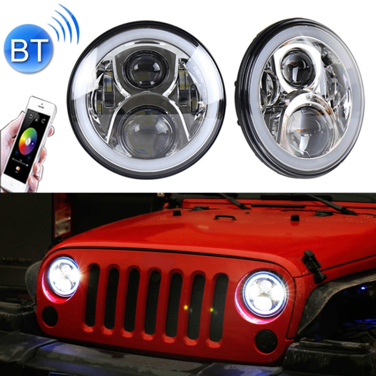 Pair of 7-inch round LED headlights with Bluetooth app control, silver chrome housings
