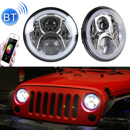 Pair of 7-inch round LED headlights with Bluetooth app control, silver chrome housings