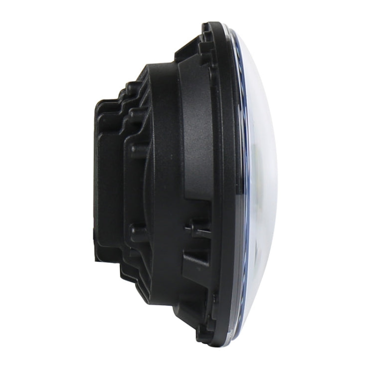 7-inch round LED headlight housing, black side view with connector cable