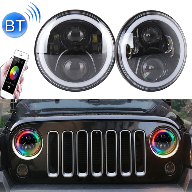 Pair of round LED car headlights with black housings and chrome outer rings
