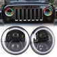 Two round LED headlights with RGB halo rings on a vehicle front grille