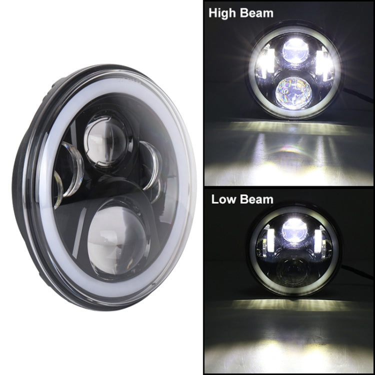Round LED headlight displaying bright high- and low-beam light