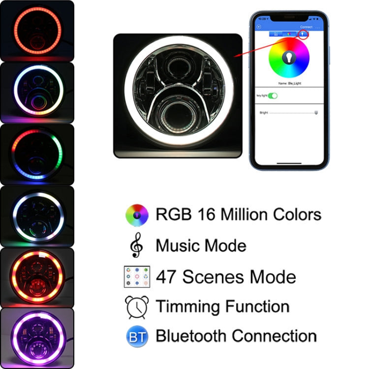 RGB LED headlight with app Bluetooth color and effects on a smartphone screen