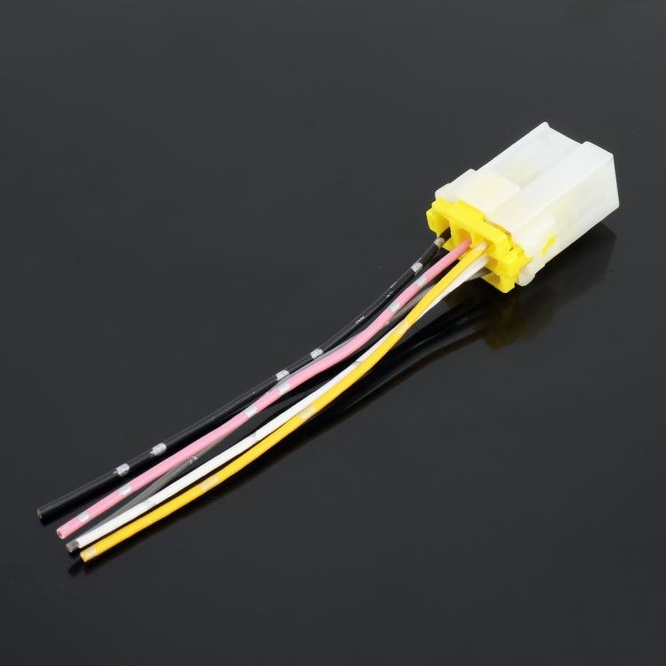 White 5-pin relay socket base with yellow latch and multicolor wire leads, side view