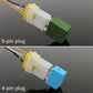 White 5-pin plug connector with multicolor wires and green and blue contact blocks