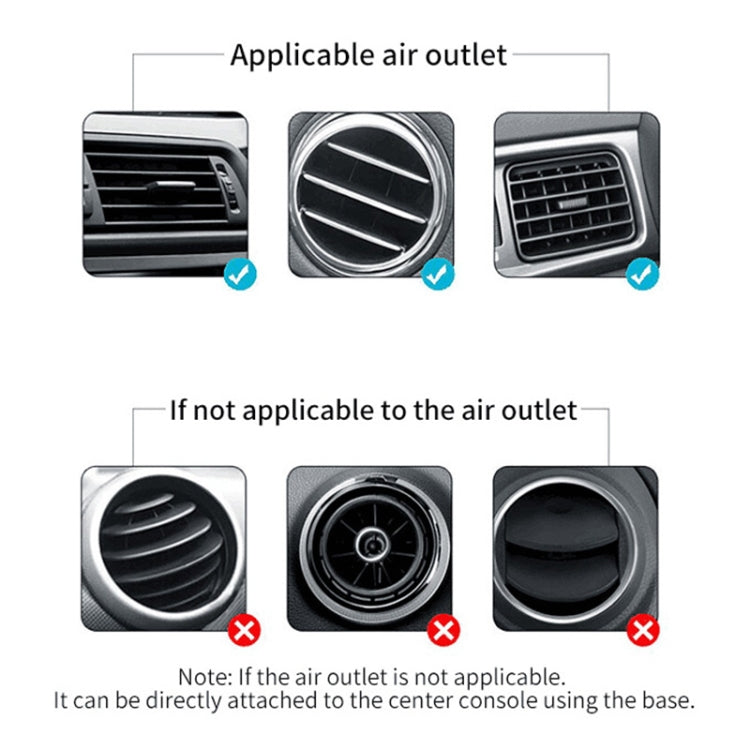 Car air-outlet mount receiver with base attachment shown for compatible vents