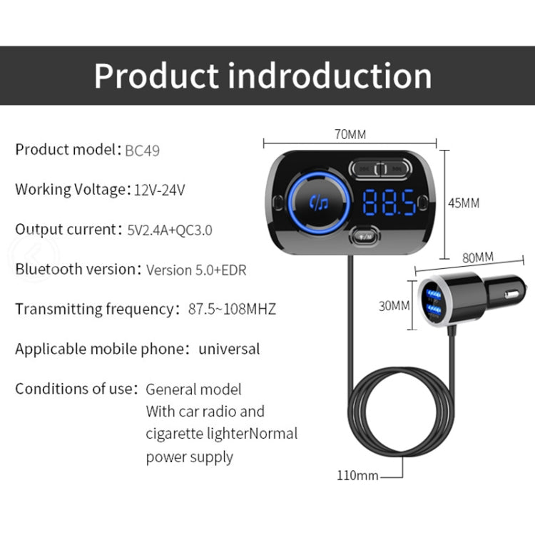 Car Bluetooth FM transmitter with cable and size layout diagram