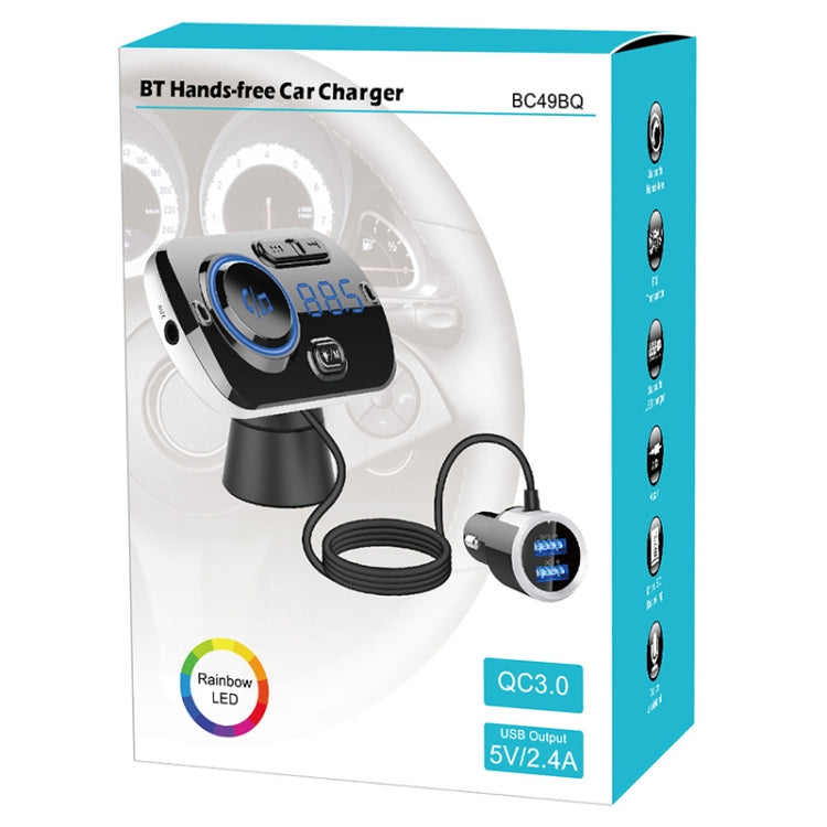 BT hands-free car charger box showing car Bluetooth FM transmitter with QC3.0