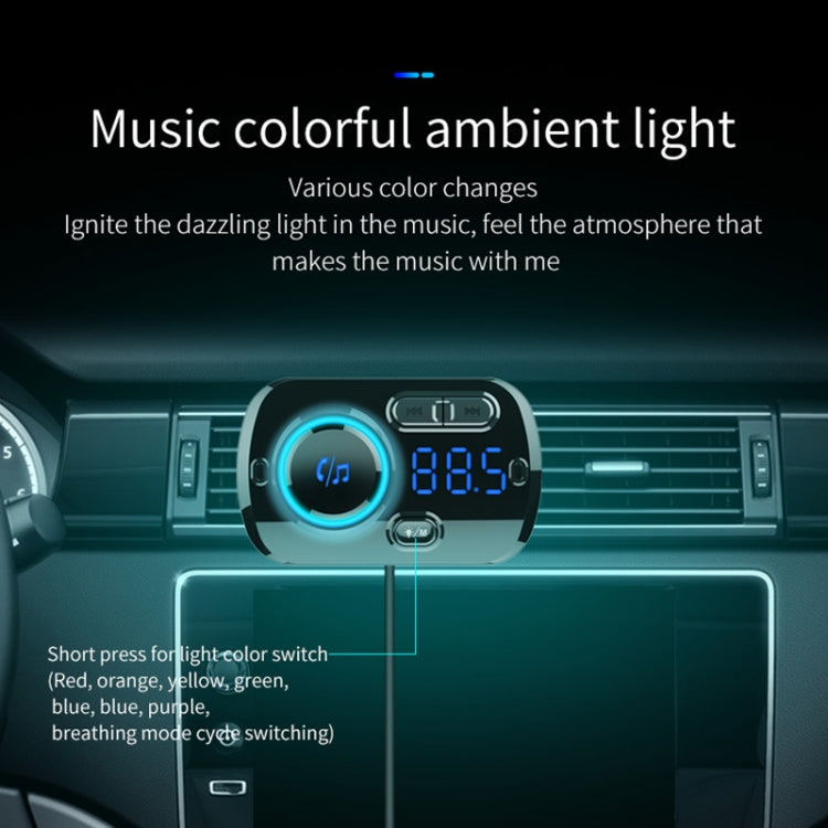 Car Bluetooth FM transmitter on dashboard with glowing LED ring and numeric display