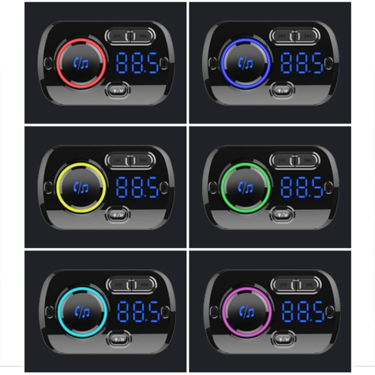 Car Bluetooth FM transmitter with multicolor LED ring and blue numeric display presets